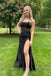 Sexy Black Mermaid Strapless Cowl Neck Pleats Long Prom Dress with Slit