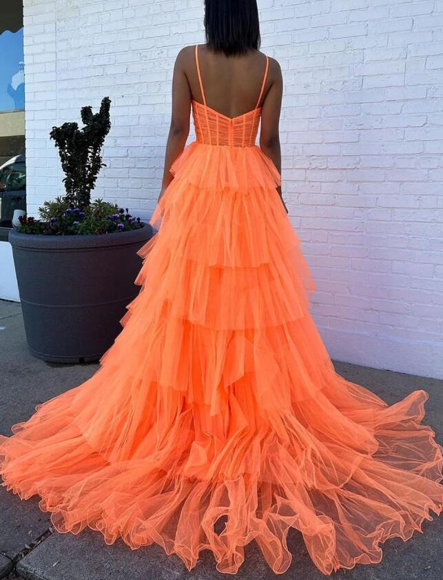 Spaghetti Straps Orange A Line Tulle Long Prom Dress With Key Hole Ruffles