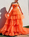 Spaghetti Straps Orange A Line Tulle Long Prom Dress With Key Hole Ruffles