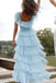 Short Sleeves Sky Blue Square Neck Tulle Long Prom Dress With Tiered