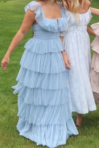 Short Sleeves Sky Blue Square Neck Tulle Long Prom Dress With Tiered