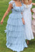 Short Sleeves Sky Blue Square Neck Tulle Long Prom Dress With Tiered