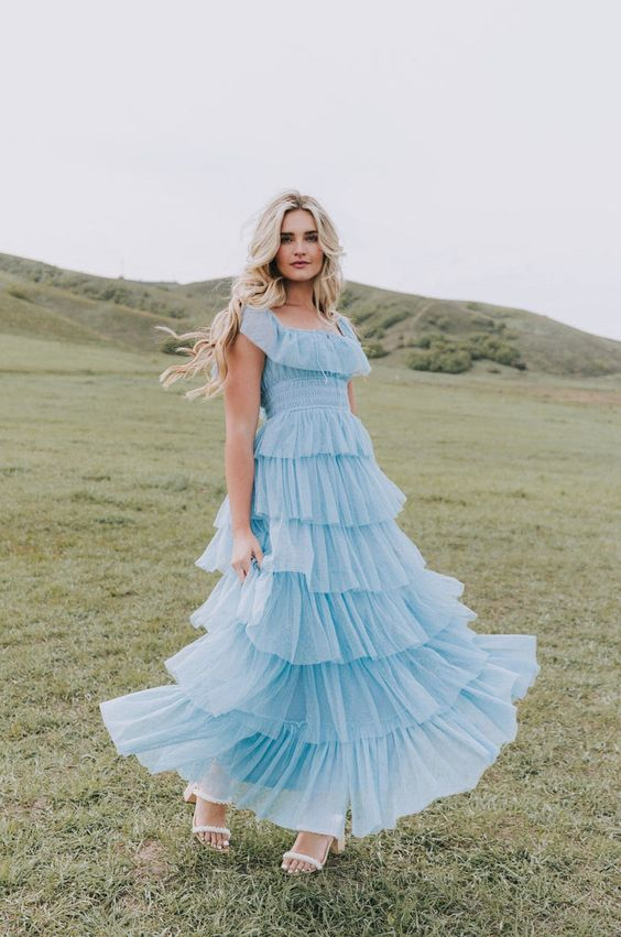 Short Sleeves Sky Blue Square Neck Tulle Long Prom Dress With Tiered