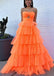 Spaghetti Straps Orange A Line Tulle Long Prom Dress With Key Hole Ruffles