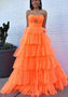 Spaghetti Straps Orange A Line Tulle Long Prom Dress With Key Hole Ruffles