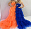 Spaghetti Straps Orange A Line Tulle Long Prom Dress With Key Hole Ruffles