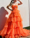 Spaghetti Straps Orange A Line Tulle Long Prom Dress With Key Hole Ruffles