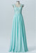 V Neck Mine Blue A Line Chiffon Long Bridesmaid Dress With Sleeveless