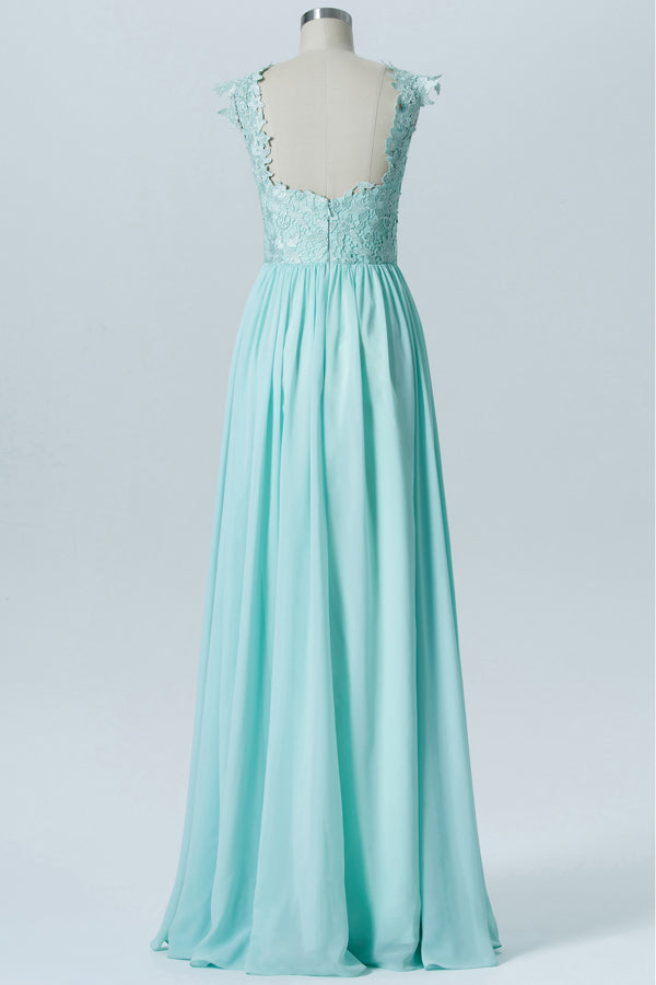 V Neck Mine Blue A Line Chiffon Long Bridesmaid Dress With Sleeveless