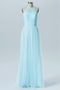 Light Blue Cutout Back Tulle Long Bridesmaid Dress With Halter