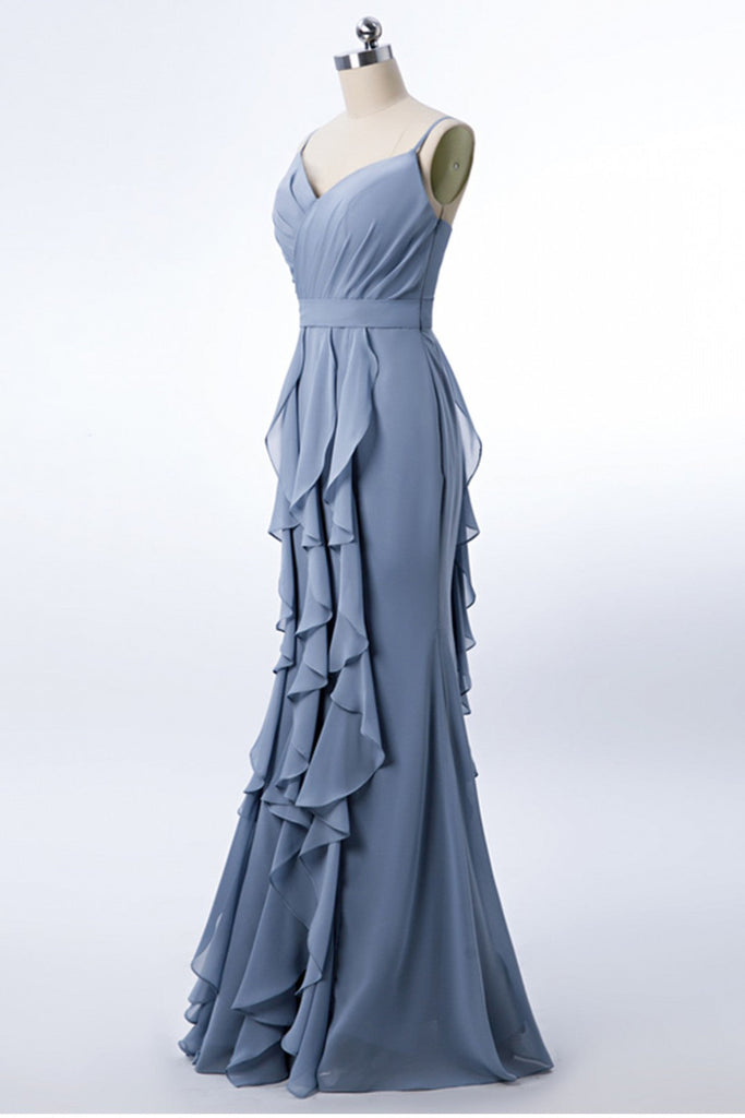 Spaghetti Straps Dusty Blue Chiffon Long Bridesmaid Dress With Pleated