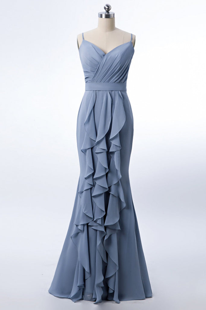 Spaghetti Straps Dusty Blue Chiffon Long Bridesmaid Dress With Pleated