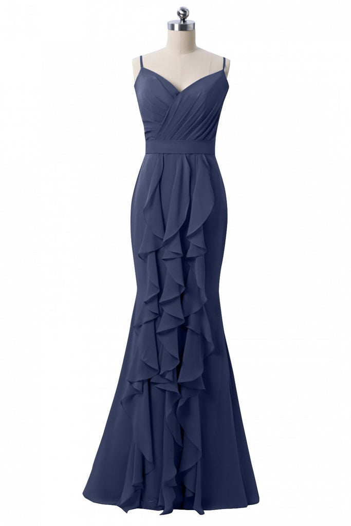 Spaghetti Straps Dusty Blue Chiffon Long Bridesmaid Dress With Pleated