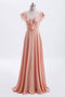 V Neck Light Coral Chiffon Long Bridesmaid Dress With Cap Sleeves