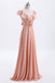 V Neck Light Coral Chiffon Long Bridesmaid Dress With Cap Sleeves