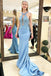 Unique Sky Blue Mermaid Lace Prom Dress, Halter Long Formal Dress