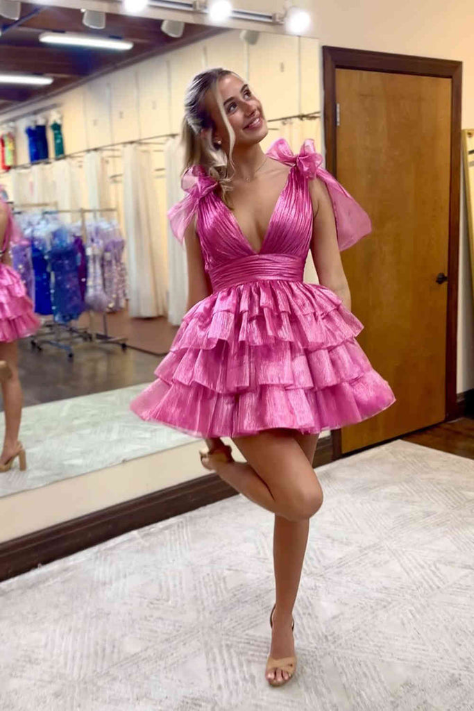 A Line Fuchsia Organza Short Homecoming Dresses With Bow Sleeves