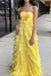 Unique Yellow A-line Strapless Chiffon Long Prom Dress With Ruffles