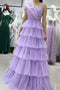 V Neck Lilac Sleeveless Tulle Tiered A Line Long Prom Dress With Ruffles