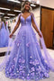 V Neck Lavender Cape Tulle Long Prom Dress With 3D Flowers