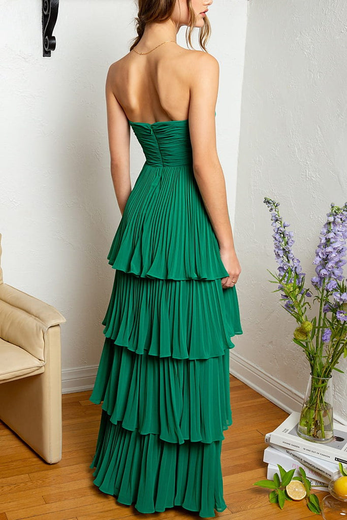 Strapless Emerald Green Backless Long Prom Dress With Ruffle Multi-Layer