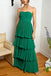 Strapless Emerald Green Backless Long Prom Dress With Ruffle Multi-Layer