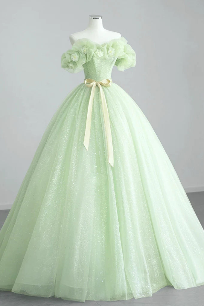Off the Shoulder Mint Green Puffy Sequined Long Prom Dress With Flowers
