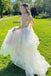 A Line Long Prom Dress With Applique, Tulle V Neck Lace Puffy Party Dress