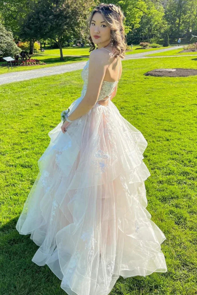 A Line Long Prom Dress With Applique, Tulle V Neck Lace Puffy Party Dress