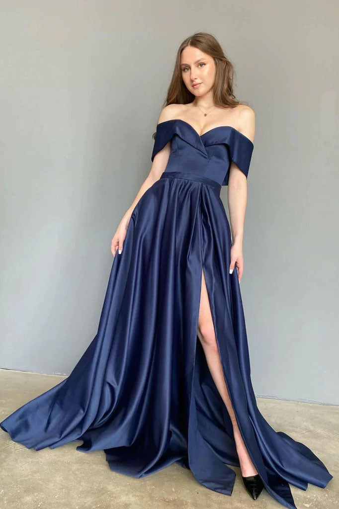 Off the Shoulder Dark Blue A Line Satin Long Prom Dress With Slit