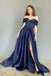 Off the Shoulder Dark Blue A Line Satin Long Prom Dress With Slit