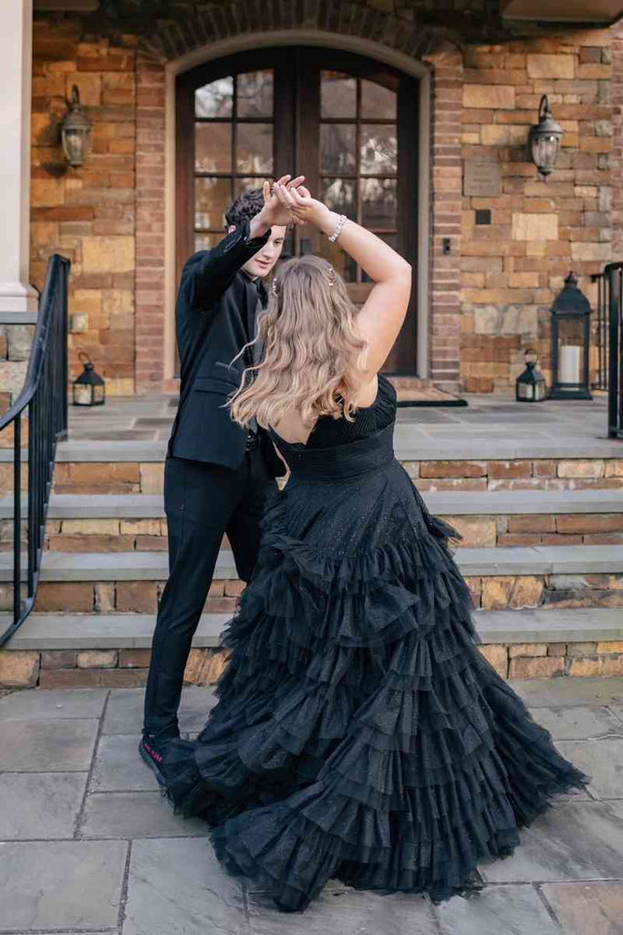 Straps Black A-Line Tulle Long Plus Size Prom Dress With Ruffles Sequins