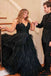 Straps Black A-Line Tulle Long Plus Size Prom Dress With Ruffles Sequins