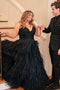 Straps Black A-Line Tulle Long Plus Size Prom Dress With Ruffles Sequins