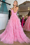 Spaghetti Straps Pink A-Line Long Prom Dress With Frill-Layered