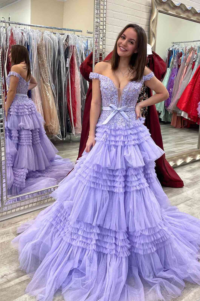 Off The Shoulder Candy Pink Tulle Corset Layers Prom Dress With Ruffles