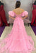 Long Prom Dress With Balloon Sleeves, Princess Off-Shoulder Fuchsia Ruffle Prom Dress