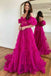 Long Prom Dress With Balloon Sleeves, Princess Off-Shoulder Fuchsia Ruffle Prom Dress