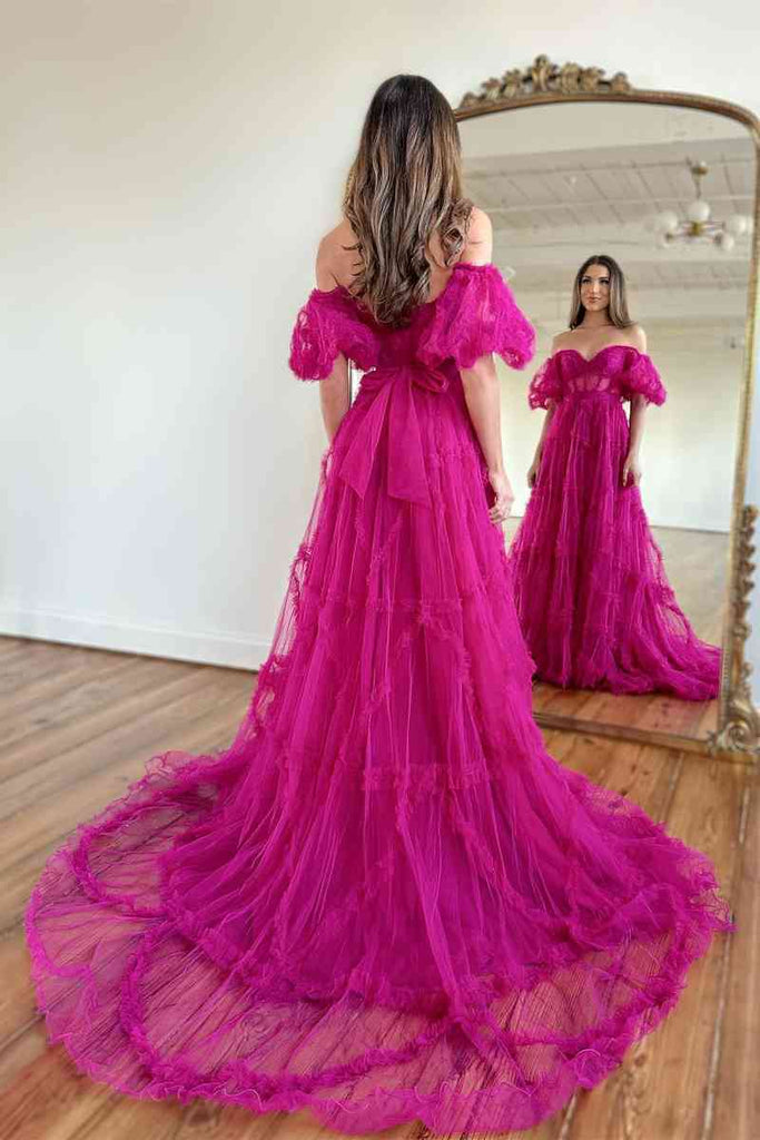 Long Prom Dress With Balloon Sleeves, Princess Off-Shoulder Fuchsia Ruffle Prom Dress