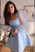 A Line Light Blue Satin Homecoming Dresses With Puff Sleeves