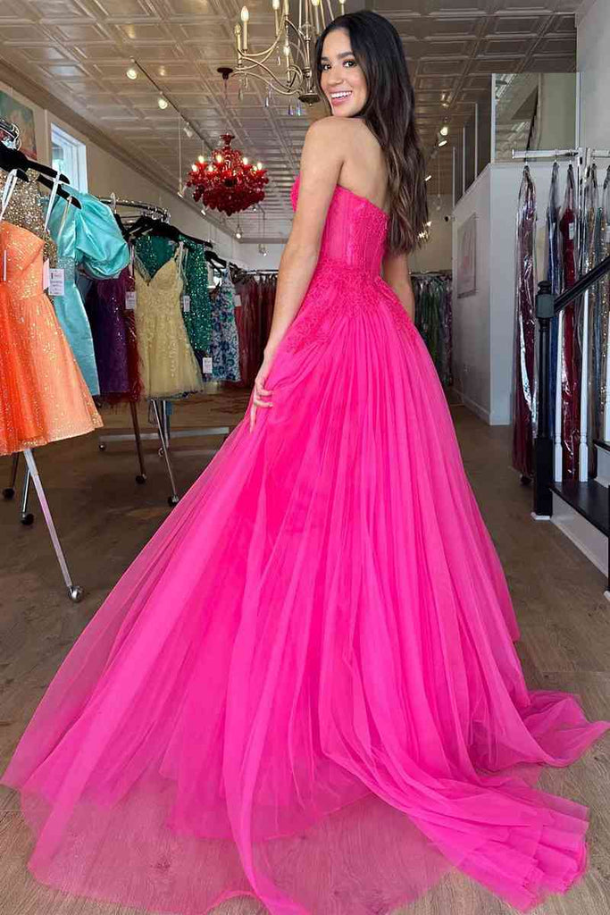 Sweetheart Fuchsia A Line Prom Dress Backless Evening Dress with Appliques