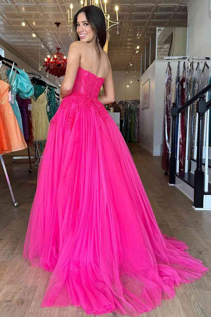 Sweetheart Fuchsia A Line Prom Dress Backless Evening Dress with Appliques