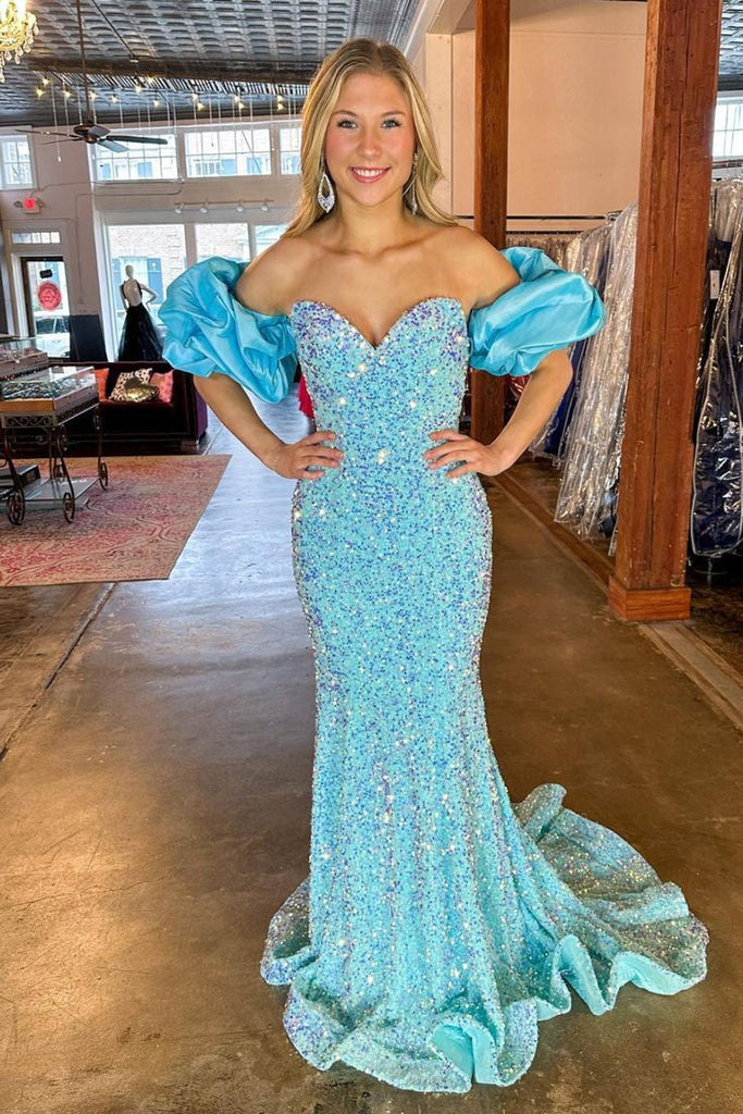 Off-the-Shoulder Royal Blue Puff Sleeves Mermaid Prom Dress With Sequins