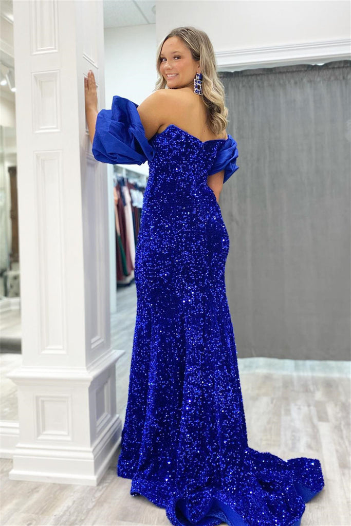 Off-the-Shoulder Royal Blue Puff Sleeves Mermaid Prom Dress With Sequins