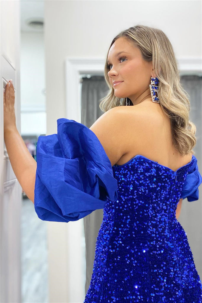 Off-the-Shoulder Royal Blue Puff Sleeves Mermaid Prom Dress With Sequins