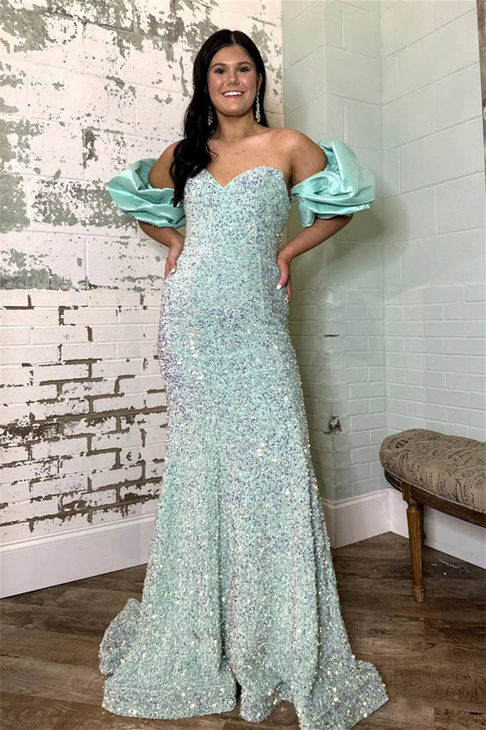 Off-the-Shoulder Royal Blue Puff Sleeves Mermaid Prom Dress With Sequins