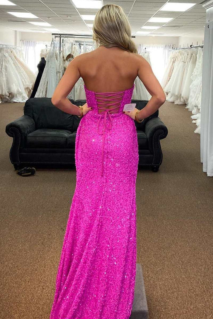 Off the Shoulder Fuchsia Mermaid Slit Long Prom Dress With Sequins