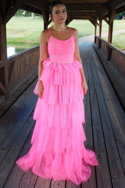 Spaghetti Straps Pink A Line Long Prom Dress With Layered Long Party Dress