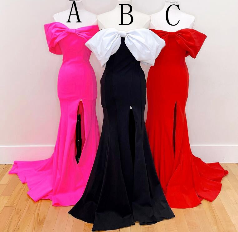 Unique Pink Off the Shoulder Mermaid Slit Long Prom Dress With Pleated