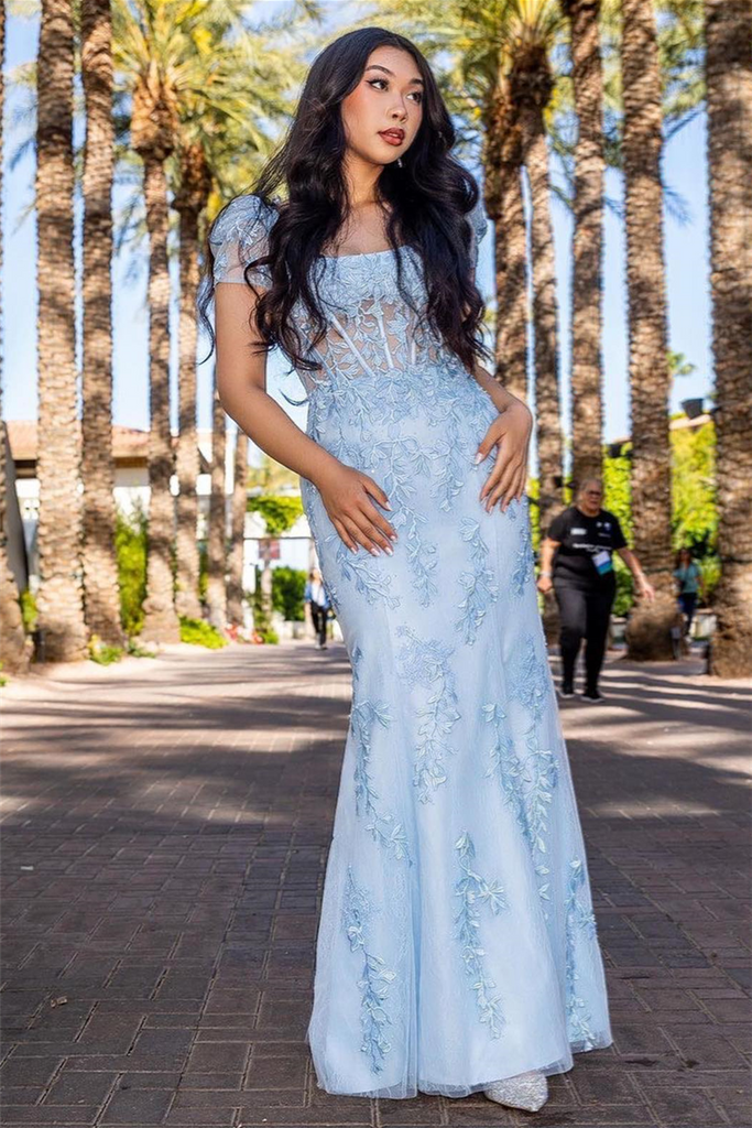 Puff Sleeves Light Blue Prom Dress With Appliques, Tulle Cocktail Party Dress